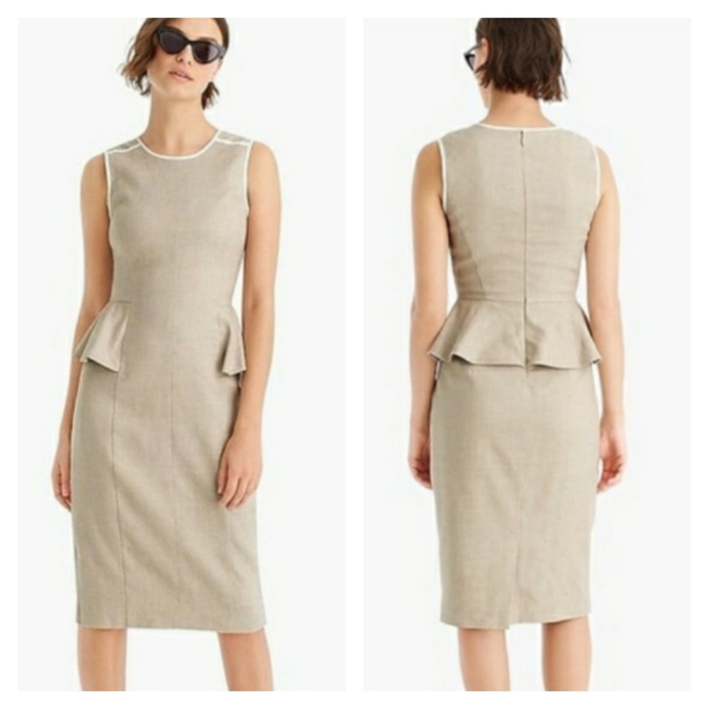 J.CREW 365 Linen Blend Sleeveless Peplum Tan Midi Sheath Dress Size 2 (XS) NWT